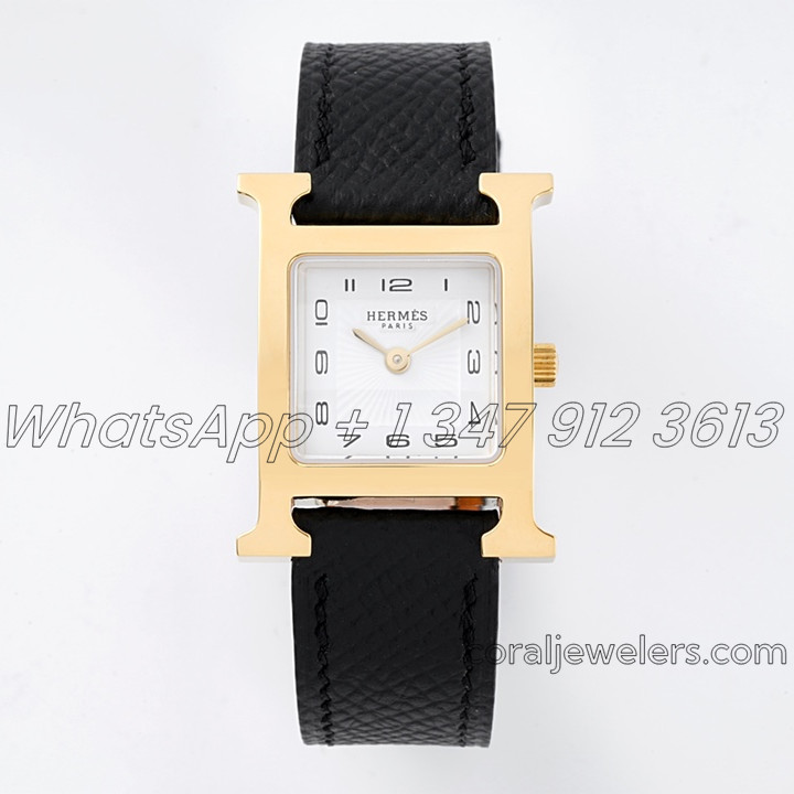 Replica Hermes Heure H 21mm Bvf White Dial In Yellow Gold On Black Leather Strap (1)