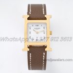 Replica Hermes Heure H 21mm Bvf White Dial In Yellow Gold On Brown Leather Strap (1)