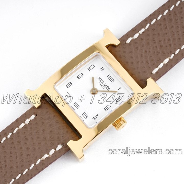 Replica Hermes Heure H 21mm Bvf White Dial In Yellow Gold On Brown Leather Strap (2)