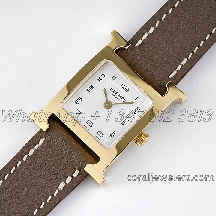 Replica Hermes Heure H 21mm Bvf White Dial In Yellow Gold On Dark Brown Leather Strap (2)