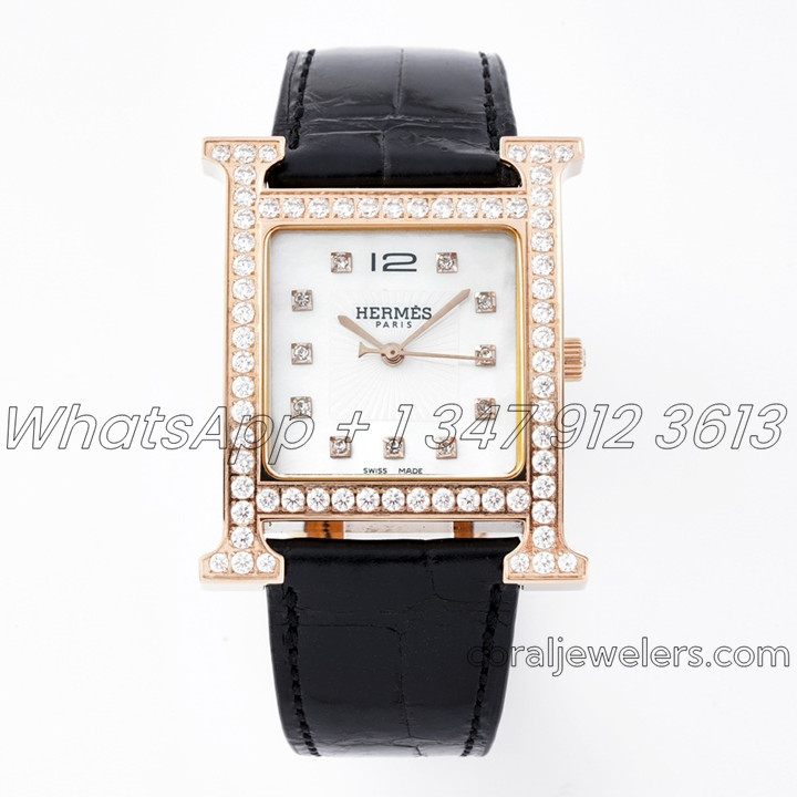 Replica Hermes Heure H 26mm Bvf Mop Dial In Rose Gold With Diamond Bezel On Black Leather Strap (1)