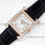 Replica Hermes Heure H 26mm Bvf Mop Dial In Rose Gold With Diamond Bezel On Black Leather Strap (2)