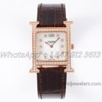 Replica Hermes Heure H 26mm Bvf Mop Dial In Rose Gold With Diamond Bezel On Brown Leather Strap (1)