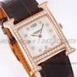 Replica Hermes Heure H 26mm Bvf Mop Dial In Rose Gold With Diamond Bezel On Brown Leather Strap (2)