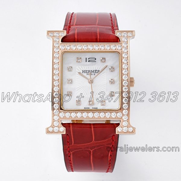 Replica Hermes Heure H 26mm Bvf Mop Dial In Rose Gold With Diamond Bezel On Red Leather Strap (1)