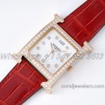 Replica Hermes Heure H 26mm Bvf Mop Dial In Rose Gold With Diamond Bezel On Red Leather Strap (2)