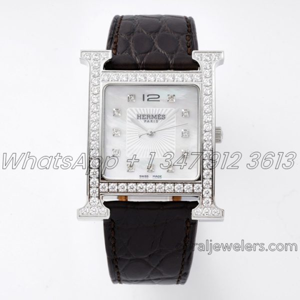 Replica Hermes Heure H 26mm Bvf Mop Dial In Steel With Diamond Bezel On Dark Brown Leather Strap (1)