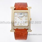 Replica Hermes Heure H 26mm Bvf Mop Dial In Yellow Gold With Diamond Bezel On Orange Leather Strap (1)