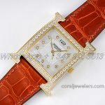 Replica Hermes Heure H 26mm Bvf Mop Dial In Yellow Gold With Diamond Bezel On Orange Leather Strap (2)