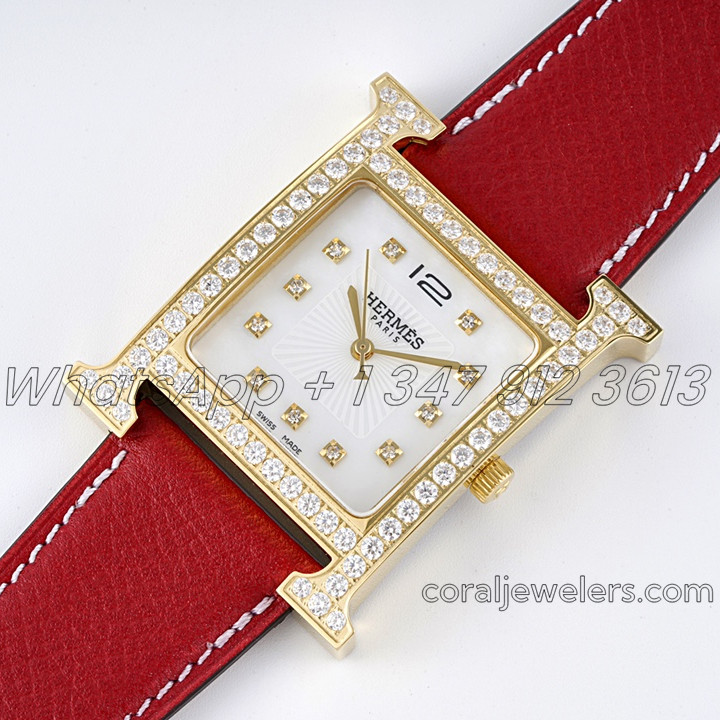 Replica Hermes Heure H 26mm Bvf Mop Dial In Yellow Gold With Diamond Bezel On Red Leather Strap (2)