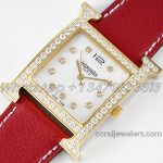 Replica Hermes Heure H 26mm Bvf Mop Dial In Yellow Gold With Diamond Bezel On Red Leather Strap (3)