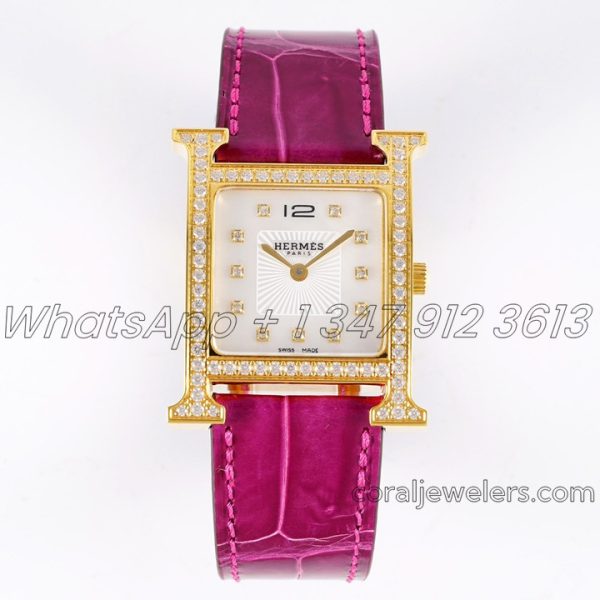 Replica Hermes Heure H 26mm Bvf Mop Dial In Yellow Gold With Diamond Bezel On Violet Leather Strap (1)