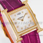 Replica Hermes Heure H 26mm Bvf Mop Dial In Yellow Gold With Diamond Bezel On Violet Leather Strap (2)