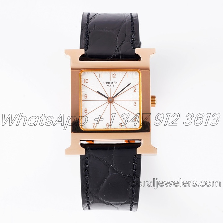 Replica Hermes Heure H 26mm Bvf White Dial In Rose Gold On Black Leather Strap (1)