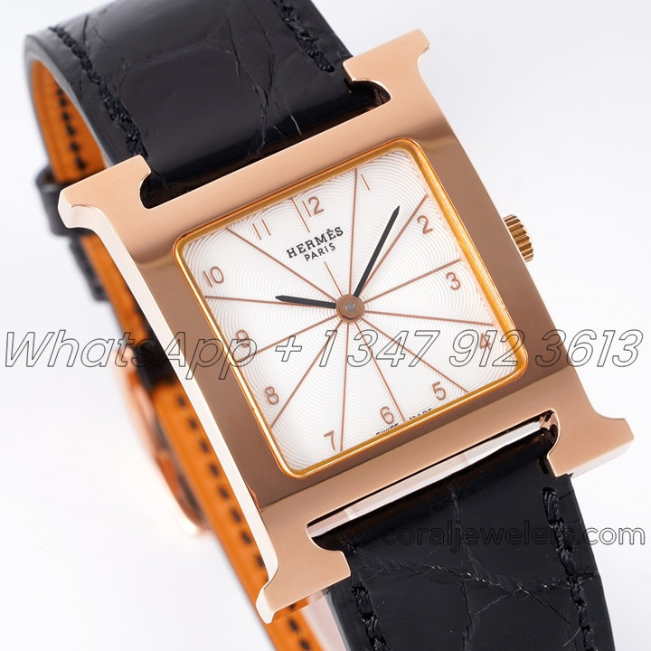 Replica Hermes Heure H 26mm Bvf White Dial In Rose Gold On Black Leather Strap (2)