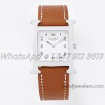 Replica Hermes Heure H 26mm Bvf White Dial In Steel On Brown Epsom Leather Strap (1)