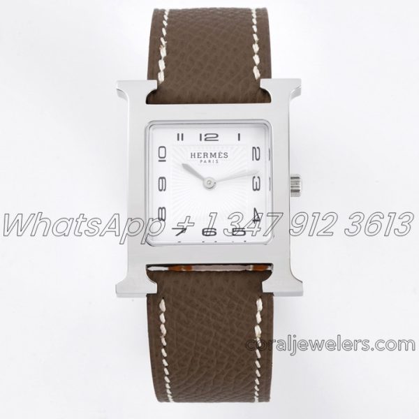 Replica Hermes Heure H 26mm Bvf White Dial In Steel On Dark Brown Epsom Leather Strap (1)