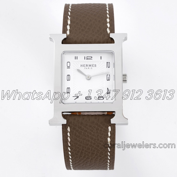 Replica Hermes Heure H 26mm Bvf White Dial In Steel On Dark Brown Epsom Leather Strap (1)