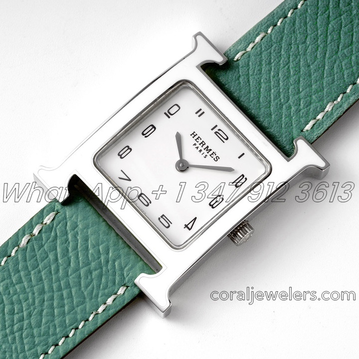 Replica Hermes Heure H 26mm Bvf White Dial In Steel On Green Leather Strap (2)