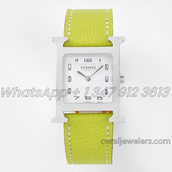 Replica Hermes Heure H 26mm Bvf White Dial In Steel On Neon Green Epsom Leather Strap (1)