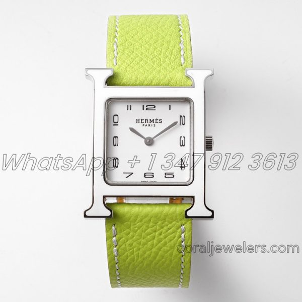 Replica Hermes Heure H 26mm Bvf White Dial In Steel On Neon Green Epsom Leather Strap (1)