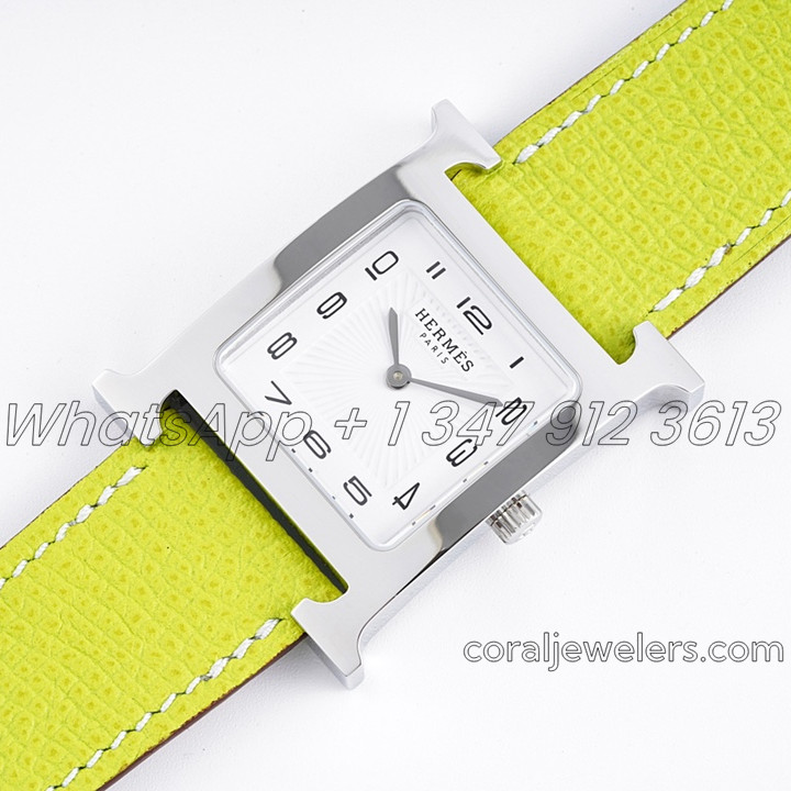 Replica Hermes Heure H 26mm Bvf White Dial In Steel On Neon Green Epsom Leather Strap (2)