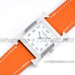 Replica Hermes Heure H 26mm Bvf White Dial In Steel On Orange Epsom Leather Strap (2)