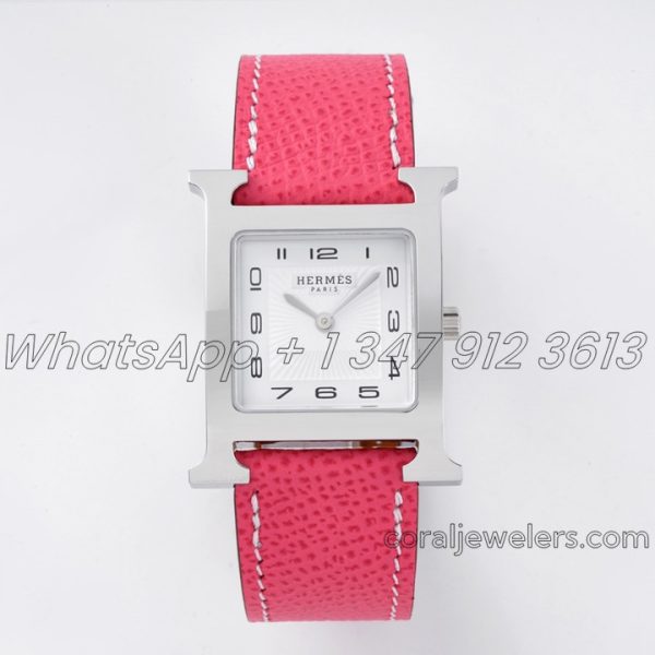 Replica Hermes Heure H 26mm Bvf White Dial In Steel On Pink Epsom Leather Strap (1)