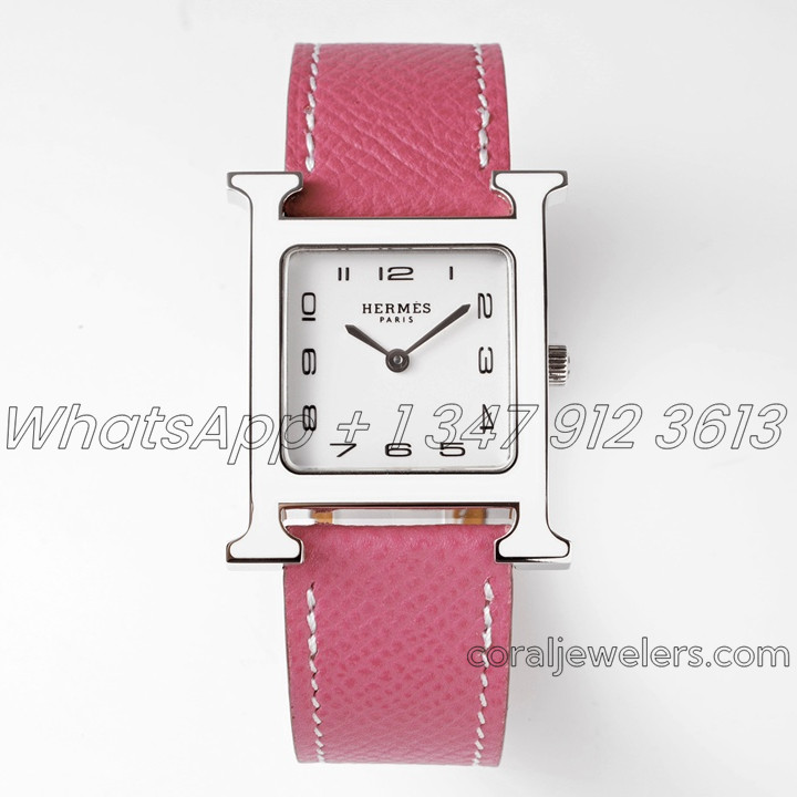 Replica Hermes Heure H 26mm Bvf White Dial In Steel On Pink Epsom Leather Strap (1)