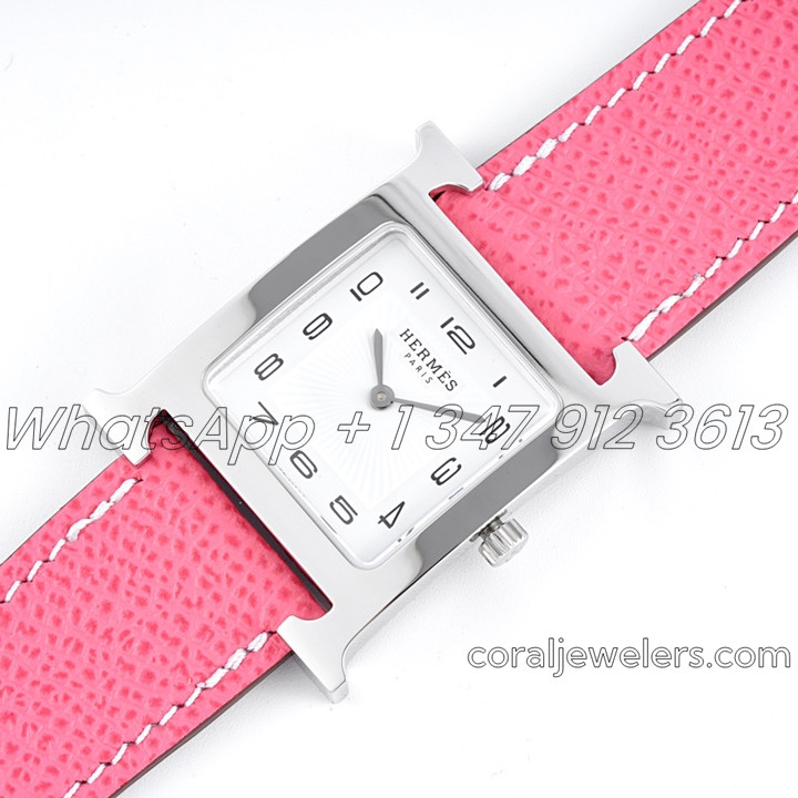 Replica Hermes Heure H 26mm Bvf White Dial In Steel On Pink Epsom Leather Strap (2)