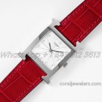 Replica Hermes Heure H 26mm Bvf White Dial In Steel On Red Epsom Leather Strap (3)