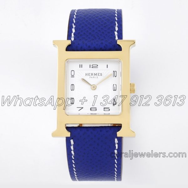 Replica Hermes Heure H 26mm Bvf White Dial In Yellow Gold On Blue Epsom Leather Strap (1)