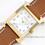 Replica Hermes Heure H 26mm Bvf White Dial In Yellow Gold On Brown Epsom Leather Strap (3)