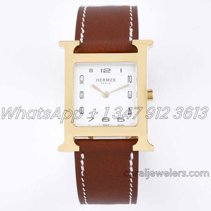 Replica Hermes Heure H 26mm Bvf White Dial In Yellow Gold On Brown Leather Strap (1)