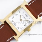 Replica Hermes Heure H 26mm Bvf White Dial In Yellow Gold On Brown Leather Strap (3)