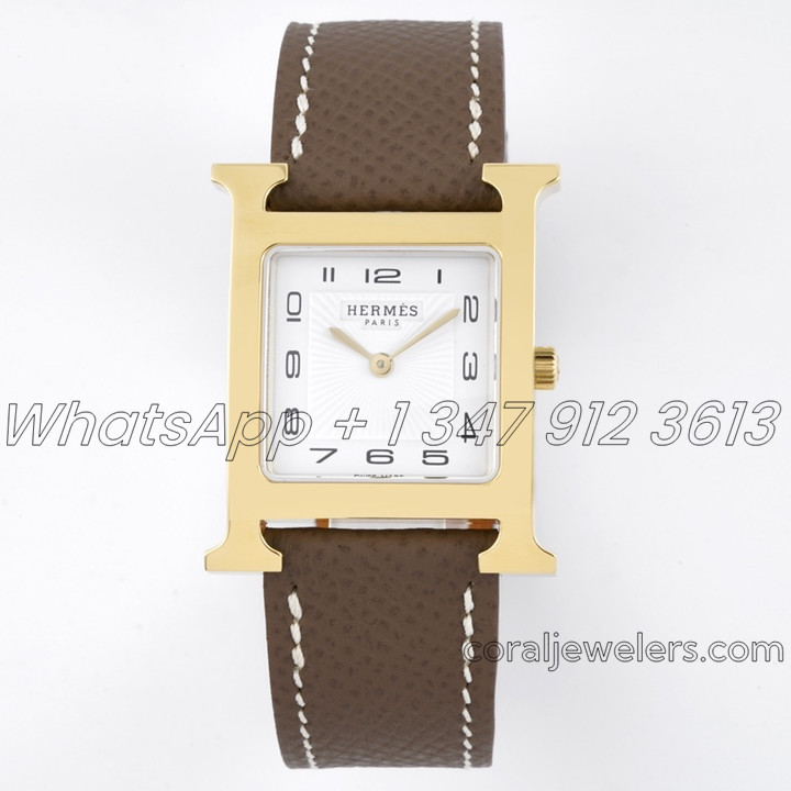 Replica Hermes Heure H 26mm Bvf White Dial In Yellow Gold On Dark Brown Epsom Leather Strap (1)