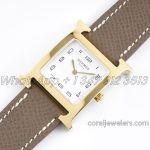 Replica Hermes Heure H 26mm Bvf White Dial In Yellow Gold On Dark Brown Epsom Leather Strap (2)