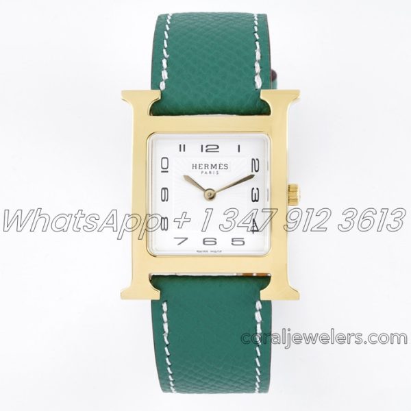 Replica Hermes Heure H 26mm Bvf White Dial In Yellow Gold On Green Epsom Leather Strap (1)