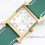 Replica Hermes Heure H 26mm Bvf White Dial In Yellow Gold On Green Epsom Leather Strap (3)