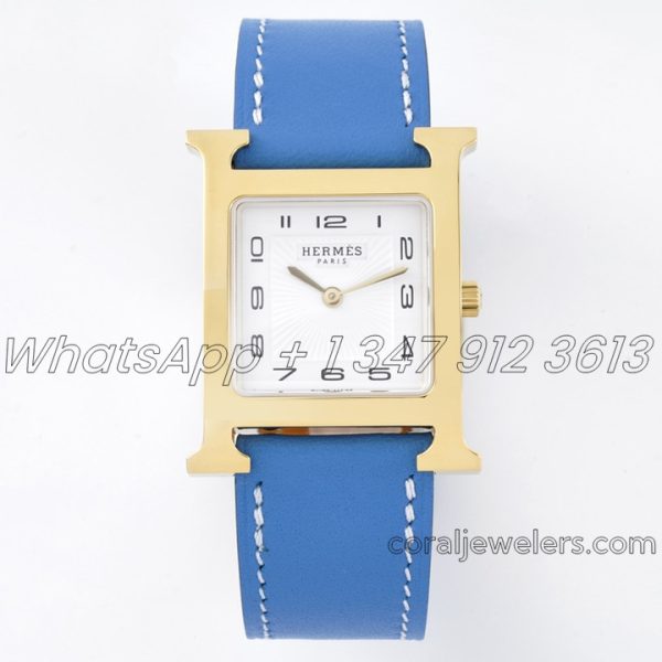 Replica Hermes Heure H 26mm Bvf White Dial In Yellow Gold On Light Blue Epsom Leather Strap (1)