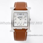 Replica Hermes Heure H 30.5mm Bvf Mop Dial In Steel With Diamond Bezel On Brown Leather Strap (1)