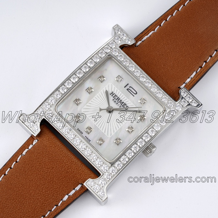 Replica Hermes Heure H 30.5mm Bvf Mop Dial In Steel With Diamond Bezel On Brown Leather Strap (2)