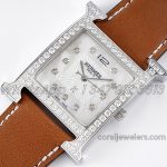 Replica Hermes Heure H 30.5mm Bvf Mop Dial In Steel With Diamond Bezel On Brown Leather Strap (3)