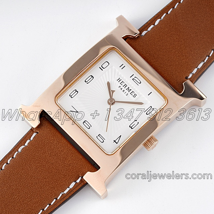 Replica Hermes Heure H 30.5mm Bvf White Dial In Rose Gold On Brown Leather Strap (2)