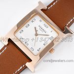 Replica Hermes Heure H 30.5mm Bvf White Dial In Rose Gold On Brown Leather Strap (3)