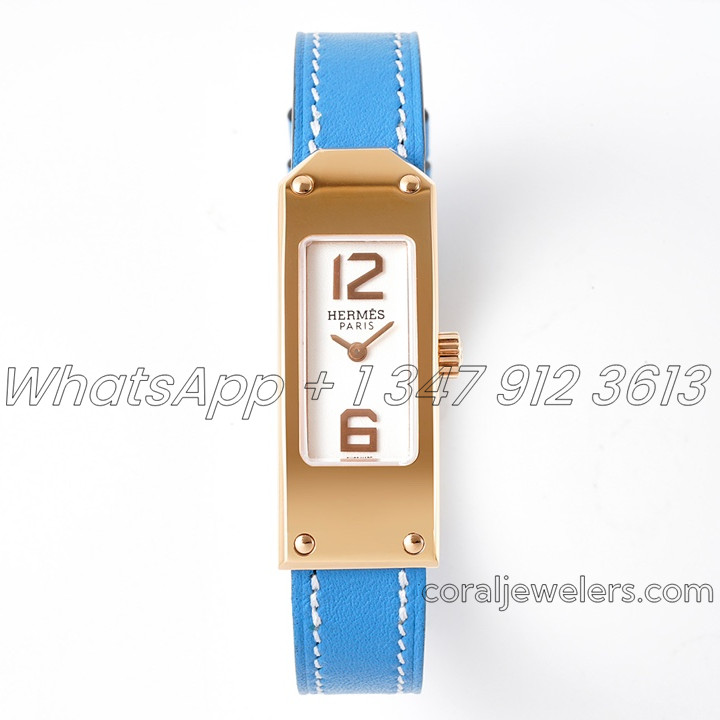 Replica Hermes Kelly 2 White Dial In Rose Gold On Blue Leather Strap (1)