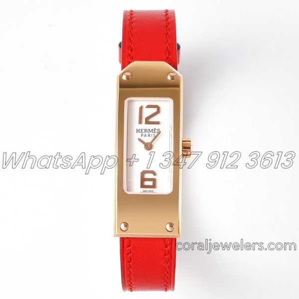 Replica Hermes Kelly 2 White Dial In Rose Gold On Red Leather Strap (1)