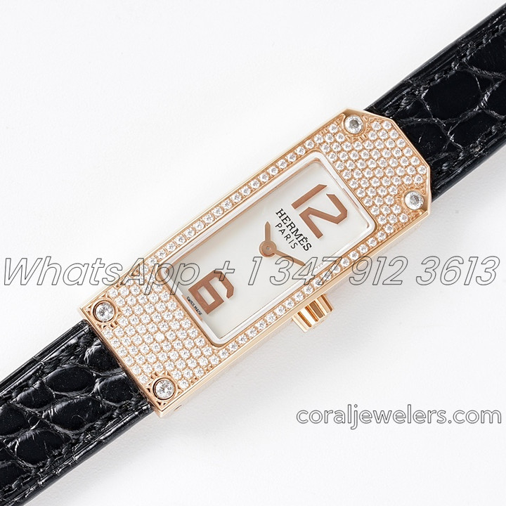 Replica Hermes Kelly 2 White Dial In Rose Gold With Diamond Paved Bezel On Black Leather Strap (2)