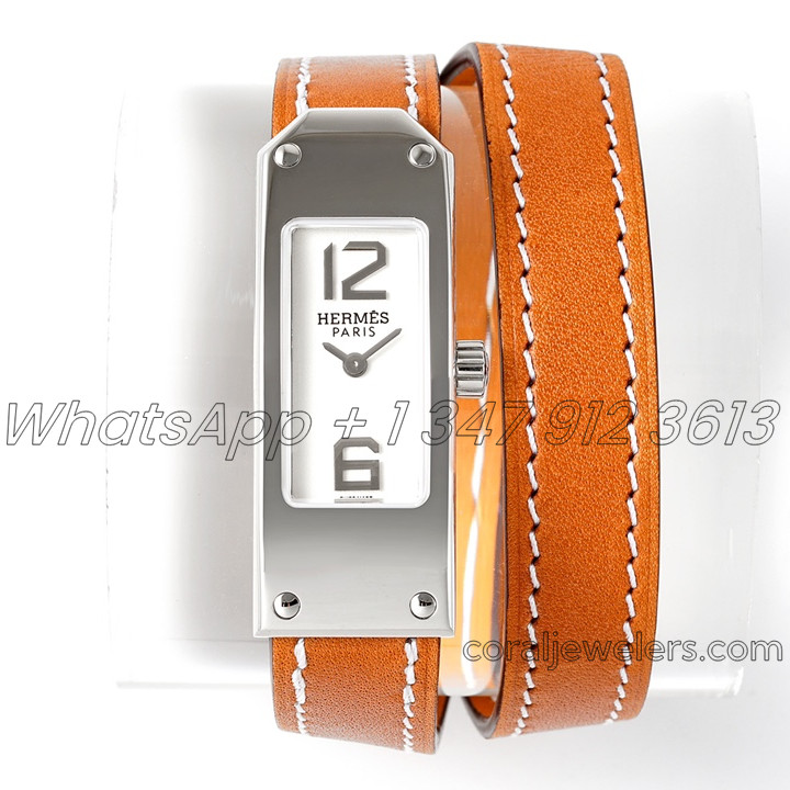 Replica Hermes Kelly 2 White Dial In Steel On Brown Leather Strap Double Tour (1)