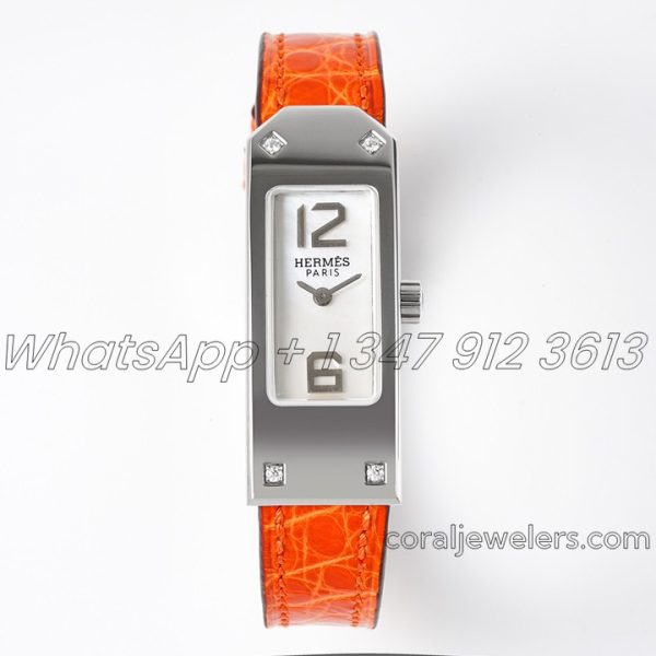 Replica Hermes Kelly 2 White Dial In Steel On Orange Alligator Strap (1)